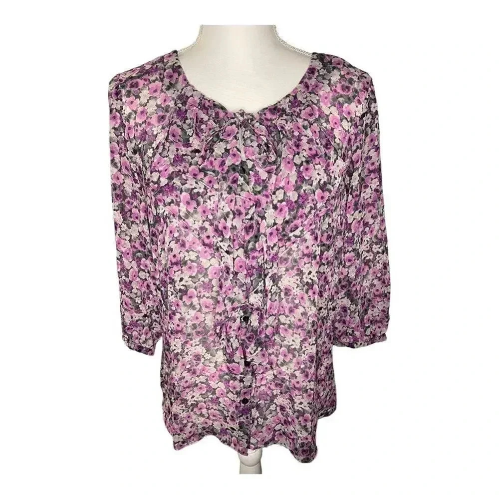 Elle Women’s Large Purple Floral Ruffled Blouse